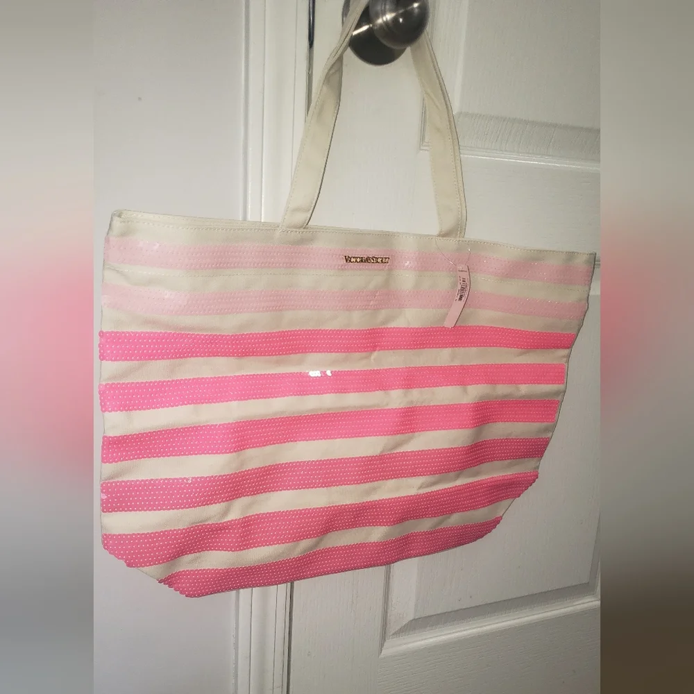 Victoria’s Secret Cream Pink Sequin Canvas Tote Bag NWT - Picture 1 of 6
